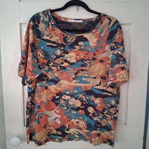 Peruvian Connection Blue and Orange Asian Patterned Short Sleeve Tunic Tee Top